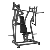Thumbnail for Gray plate-loaded chest press machine with black padded seat and backrest on a white background.