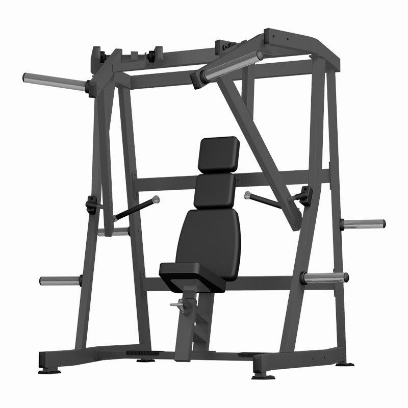 Gray plate-loaded decline chest press machine with black padded seat and backrest.