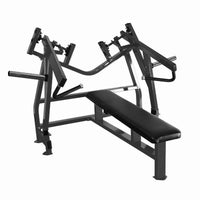 Thumbnail for Black plate-load horizontal press machine with a padded bench and handles, on a white background.