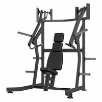 Thumbnail for Black incline press machine with plate load arms, adjustable seat, and weight storage pegs.