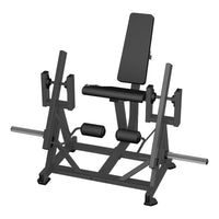 Thumbnail for Black plate-load leg extension machine with an adjustable seat and padded rollers.