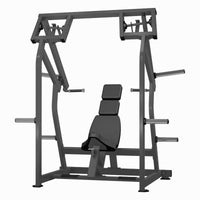 Thumbnail for Gray plate-loaded shoulder press machine with black padded seat and weight storage pegs on a white background.