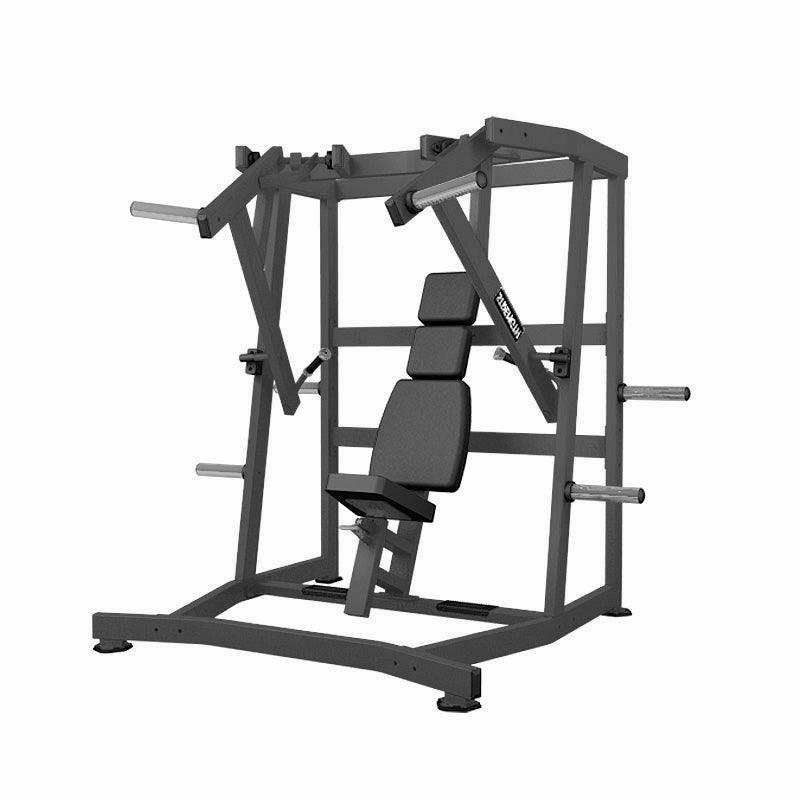 Dark gray plate-loaded chest press machine with a black padded seat and backrest.