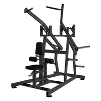 Thumbnail for Black plate-loaded lat pulldown machine with adjustable seat, thigh pads, and weight storage pegs.