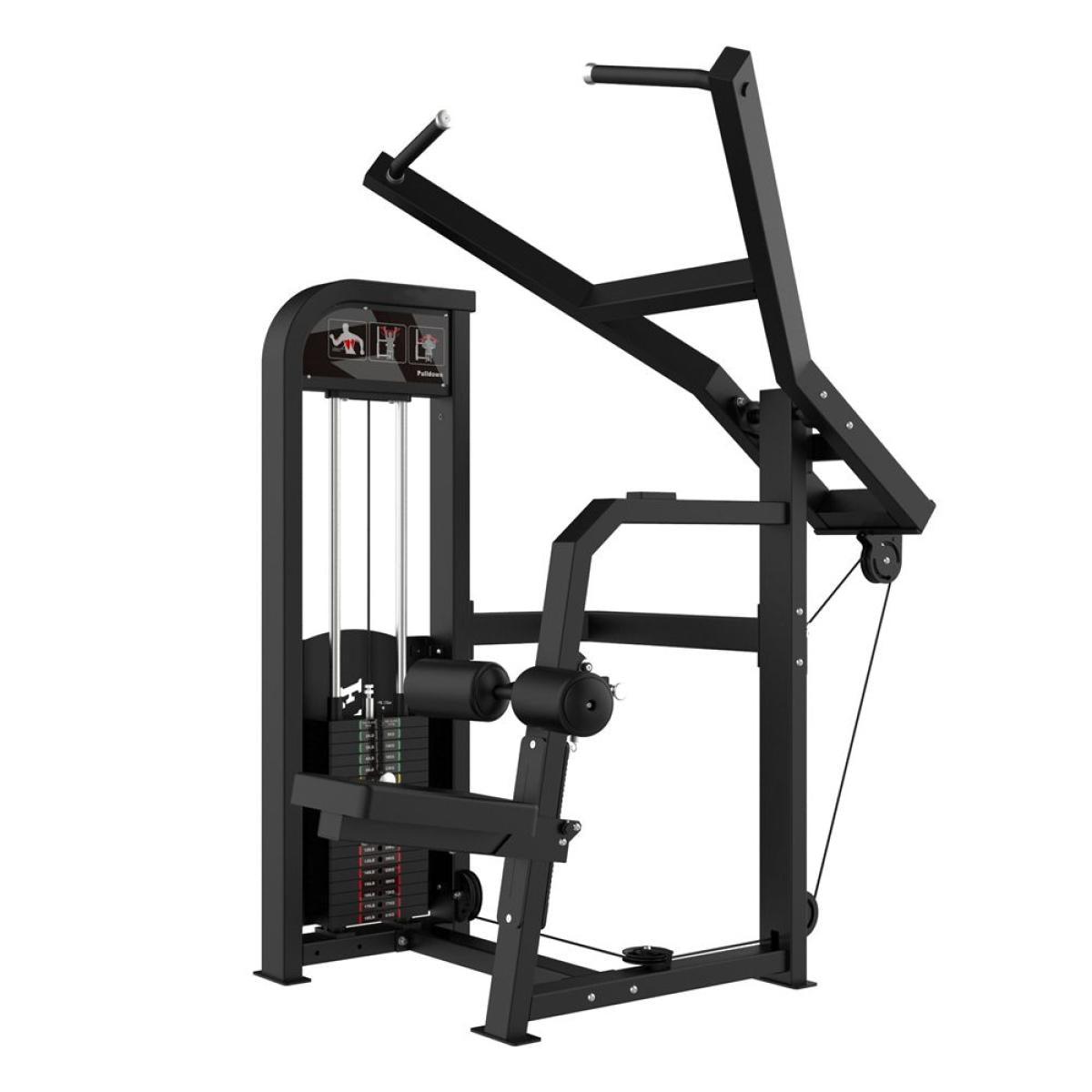 Black selectorized lat pulldown machine with weight stack, seat, and knee pads on a white background.