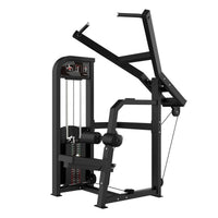 Thumbnail for Black selectorized lat pulldown machine with weight stack, seat, and knee pads on a white background.