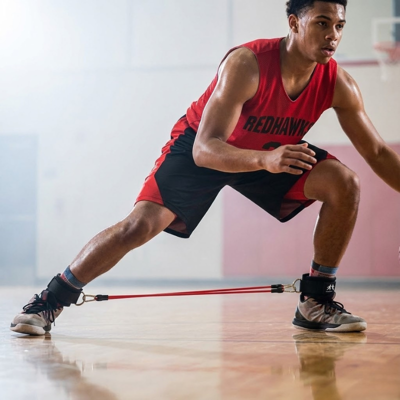 Athlete in red & black uniform using red lateral resistance bands attached to ankle straps.