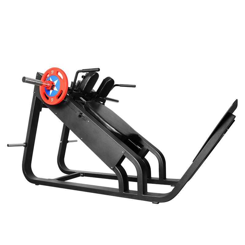 Black plate-loaded hack squat machine with a red weight plate on a white background.