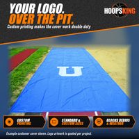 Thumbnail for Blue long jump pit cover printed with a large white U logo stretched over a sand pit at the end of a red runway