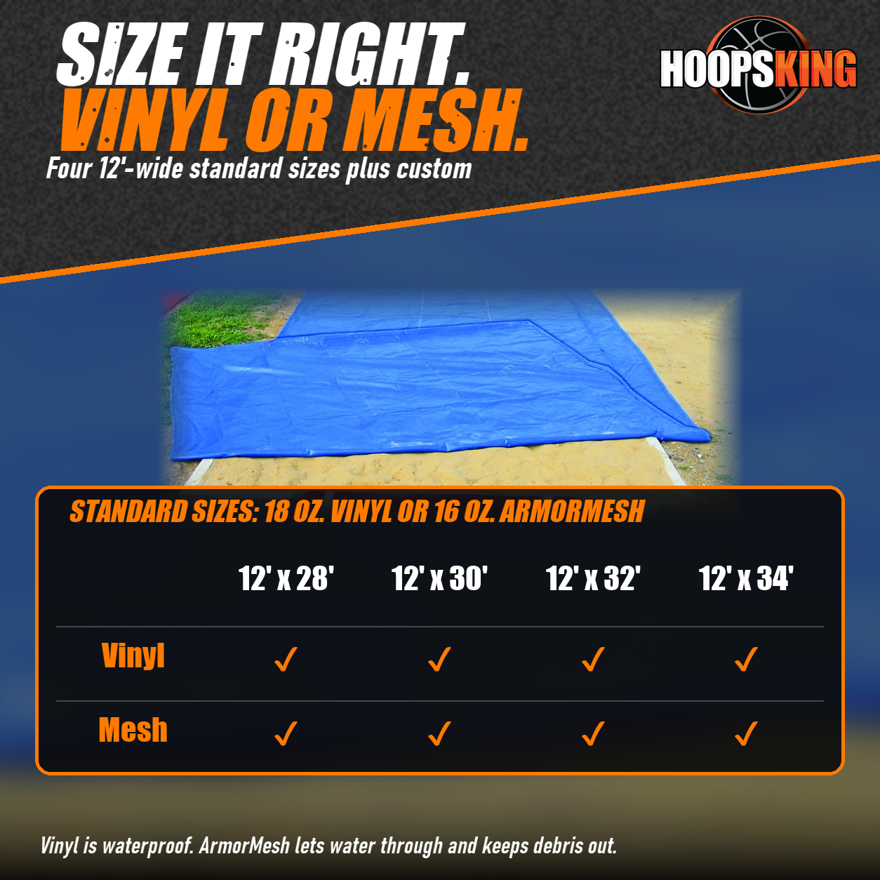 Standard size chart for long jump pit covers in vinyl or mesh below a blue cover folded back over a sand pit