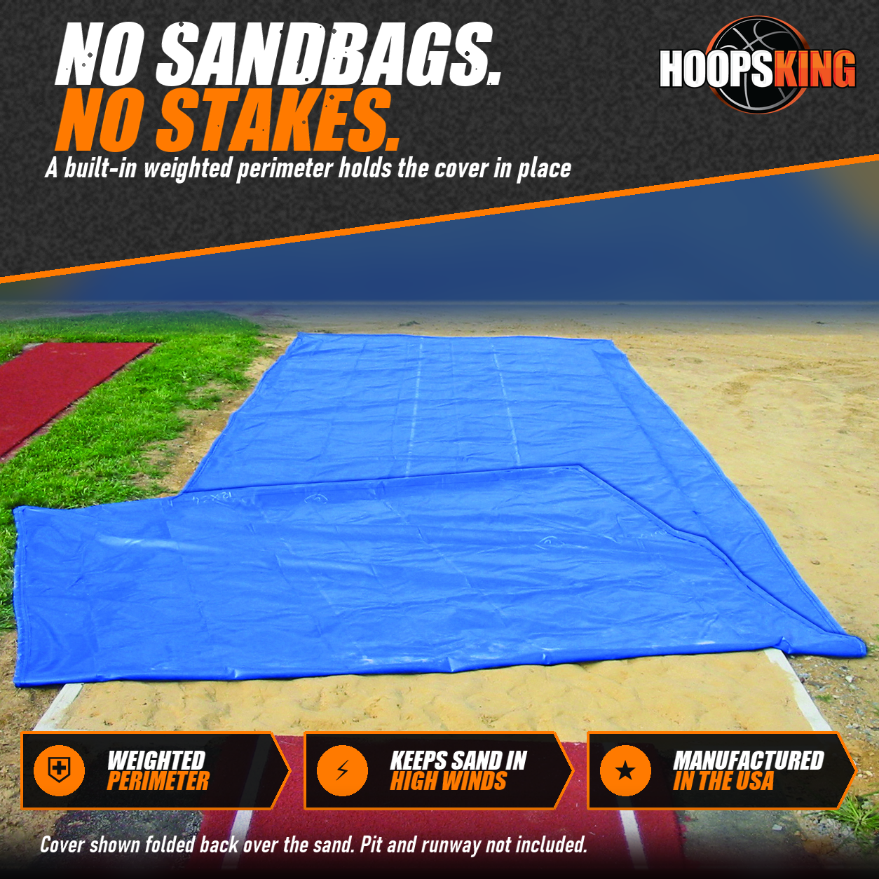 Blue weighted long jump pit cover partly folded back to show sand and its weighted edge, at the end of a red runway