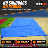 Thumbnail for Blue weighted long jump pit cover partly folded back to show sand and its weighted edge, at the end of a red runway