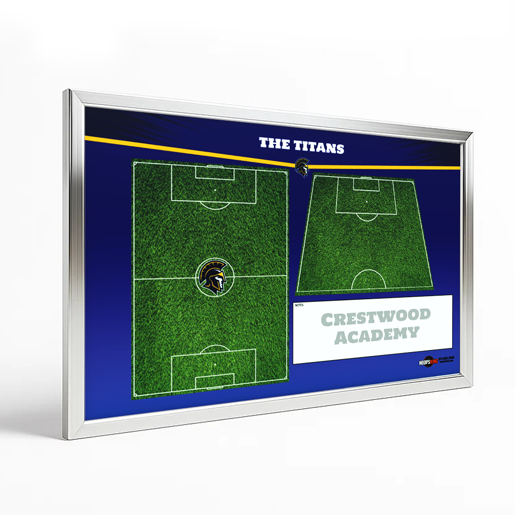 Framed soccer locker room whiteboard with a blue background, green fields, and "THE TITANS" and "CRESTWOOD ACADEMY" text.