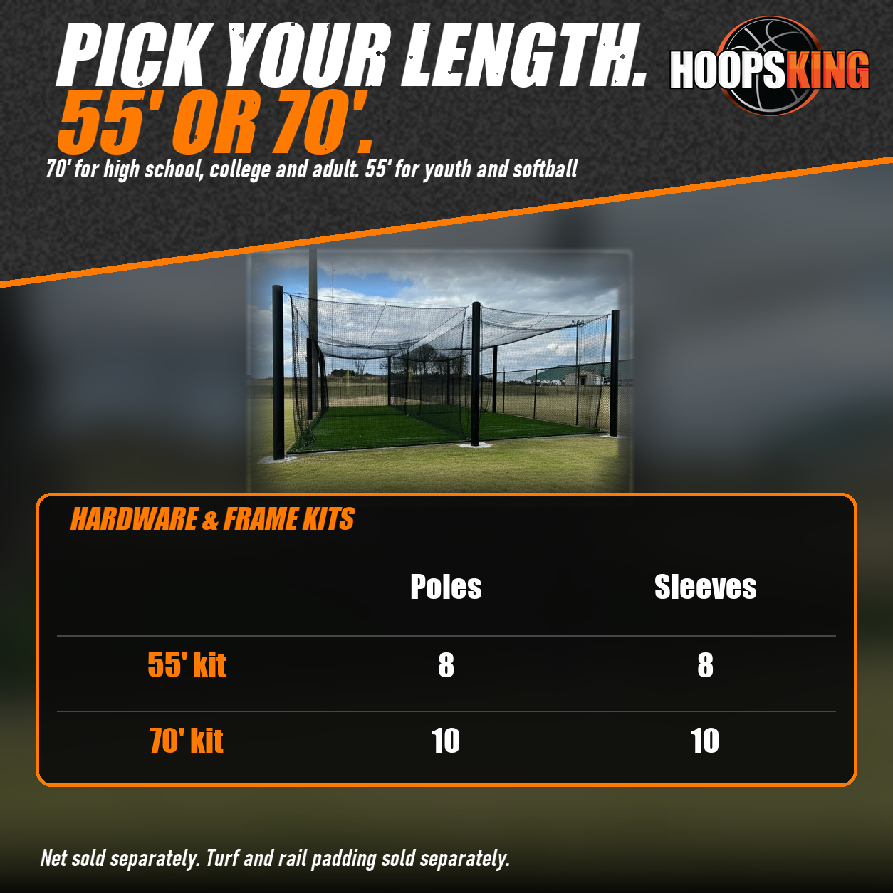 Chart of 55 and 70 foot outdoor batting cage kits with pole and ground sleeve counts above a netted cage with black steel poles