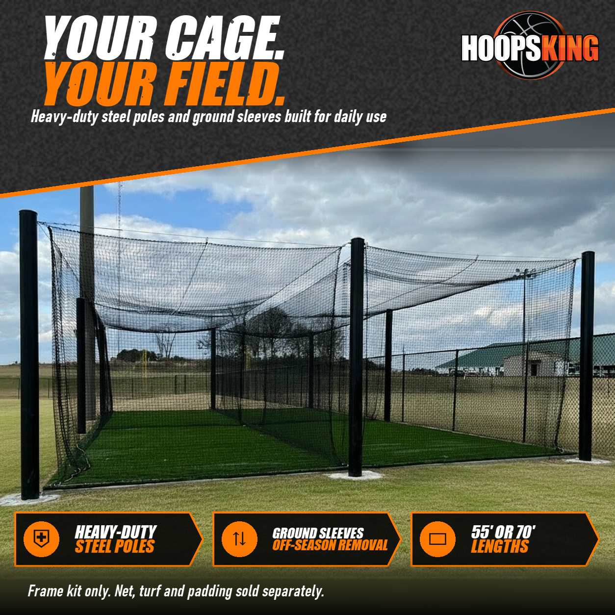 Outdoor batting cage with black steel poles holding suspended black netting over a turf lane on a school field