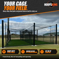 Thumbnail for Outdoor batting cage with black steel poles holding suspended black netting over a turf lane on a school field