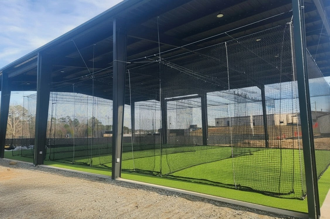 Covered outdoor batting cage system with multiple hitting cages, steel frame construction, netting, and artificial turf at an athletic training facility