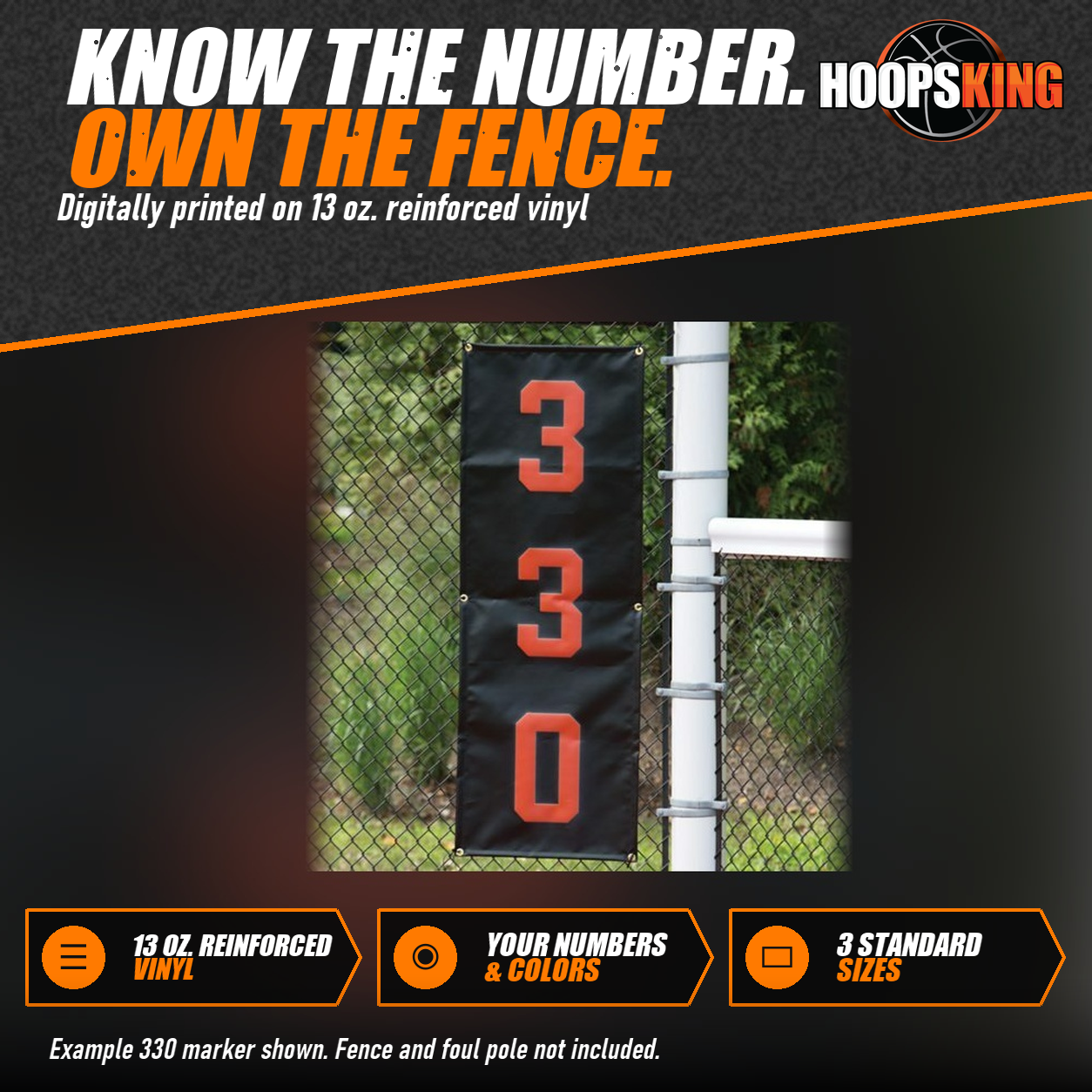 Tall black outfield distance marker with orange 330 numbers hanging on a chain-link fence next to a white foul pole
