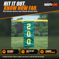 Thumbnail for Green Grand Slam Fencing distance banner printed with a yellow 200 sewn into mesh outfield fence with a yellow top