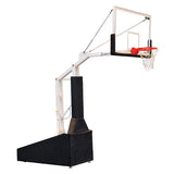 Portable basketball system with a clear backboard, red rim, and black padded base.