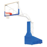 Portable basketball system with a glass backboard, orange rim, white net, and blue padded base.