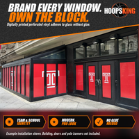 Thumbnail for Red perforated window graphics with white Temple T logos covering storefront windows and doors along a city sidewalk