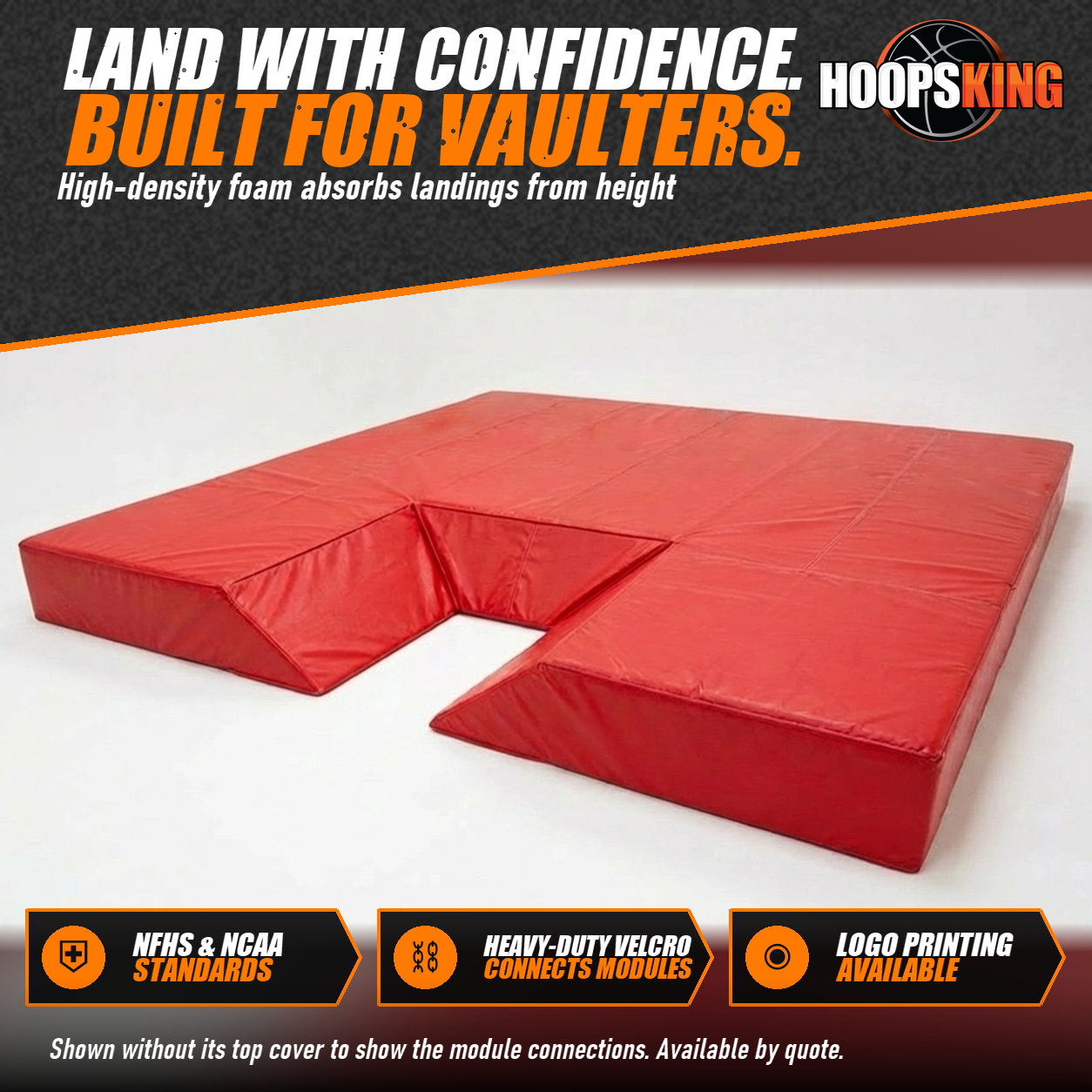 Red vinyl pole vault landing pit modules with a box cutout, shown on a white background without the top cover