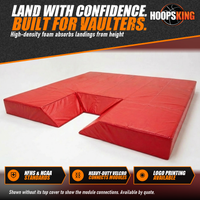 Thumbnail for Red vinyl pole vault landing pit modules with a box cutout, shown on a white background without the top cover