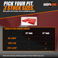Thumbnail for Size chart for EnviroSafe pole vault pits in three stock sizes, 28 and 32 inches high, below a red pit shown without its top cover