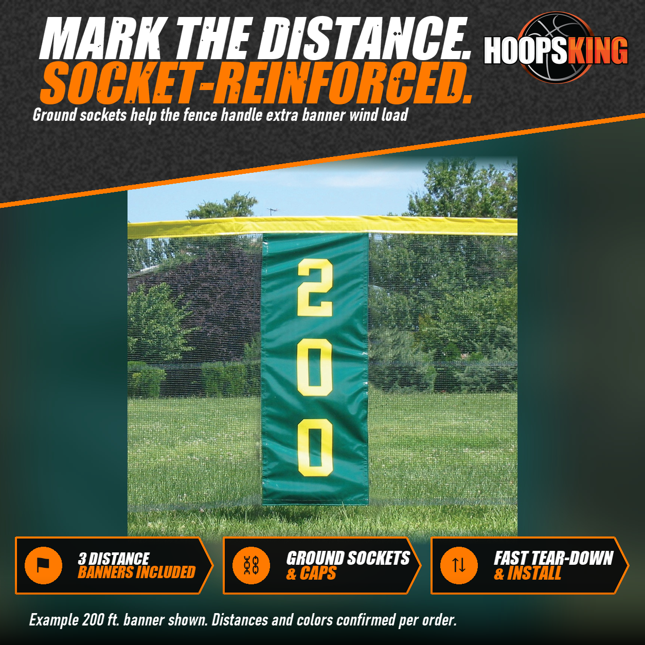 Green distance banner with yellow 200 numbers hanging from the yellow top tube of a green mesh portable outfield fence