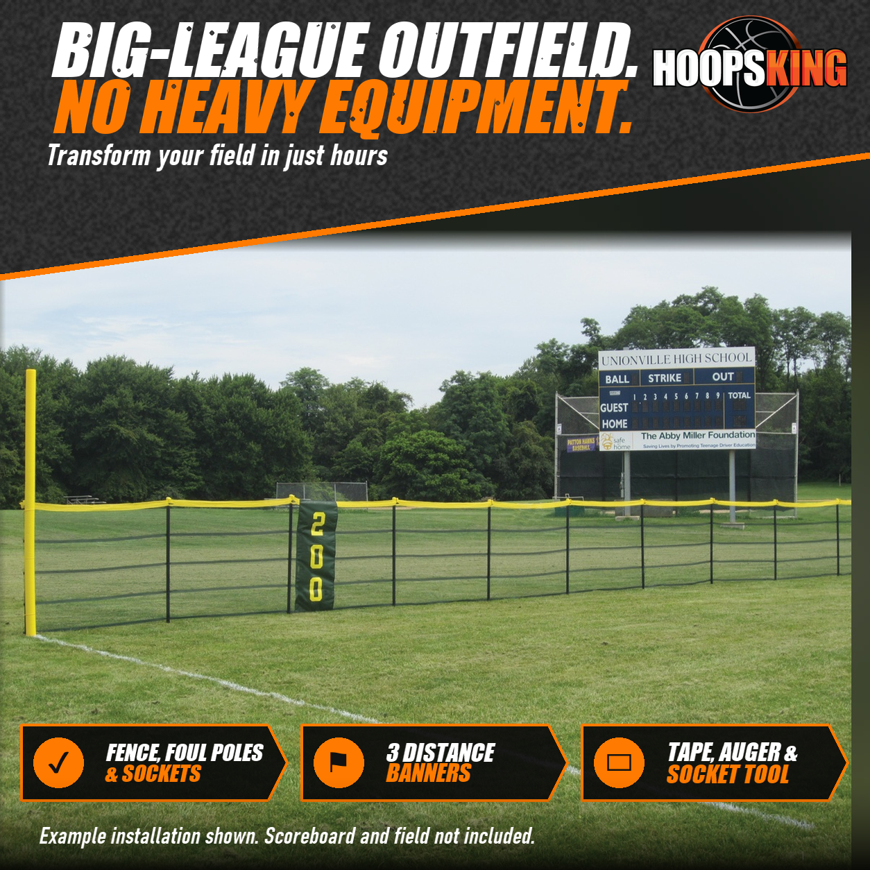 Green Grand Slam portable outfield fence with yellow top, a yellow foul pole and a 200 distance banner on a high school baseball field