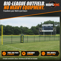 Thumbnail for Green Grand Slam portable outfield fence with yellow top, a yellow foul pole and a 200 distance banner on a high school baseball field