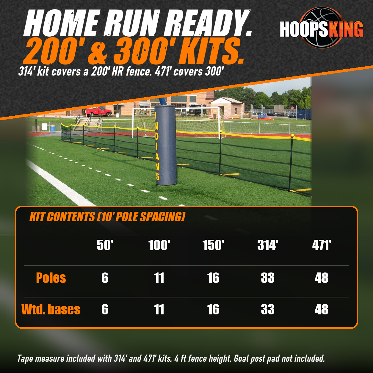 Dark green Grand Slam above-ground portable fence with yellow top edge set up on turf behind a football end zone goal post