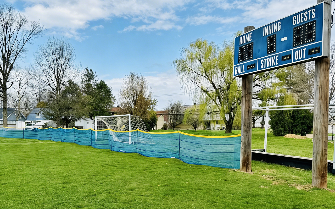 Portable sports fencing Grand Slam fencing used as a blue outfield fence for baseball and softball