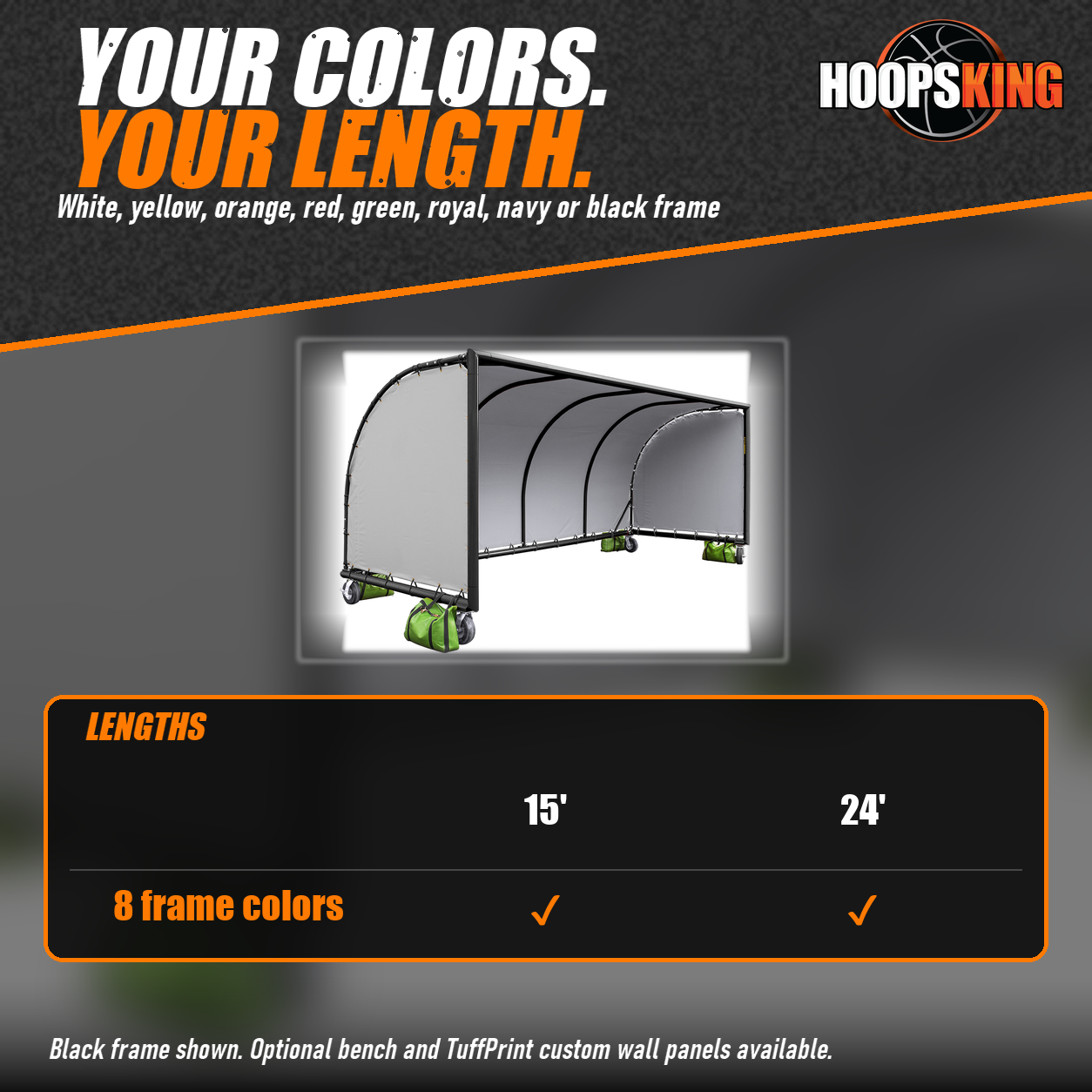 Chart of 15 and 24 foot lengths in 8 frame colors above a black-framed portable team shelter with gray vinyl walls and green anchor bags