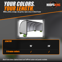 Thumbnail for Chart of 15 and 24 foot lengths in 8 frame colors above a black-framed portable team shelter with gray vinyl walls and green anchor bags
