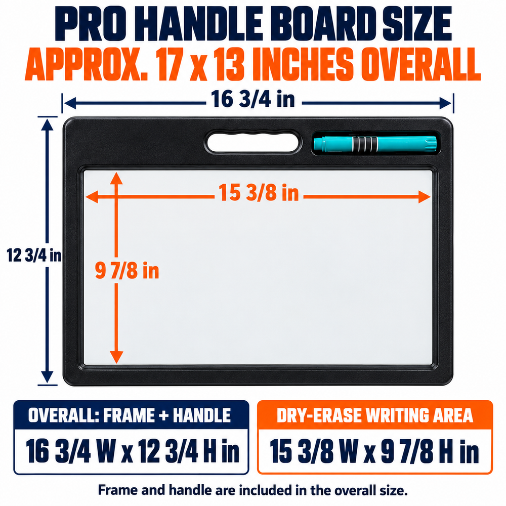 Pro handle board: 16¾ × 12¾ inches overall including frame and handle; dry-erase writing area 15⅜ × 9⅞ inches.