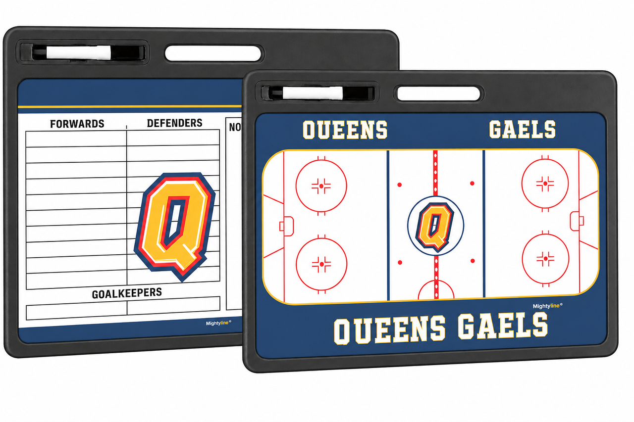 Front and back of a custom Pro hockey coaching whiteboard with carry handles on a white background.