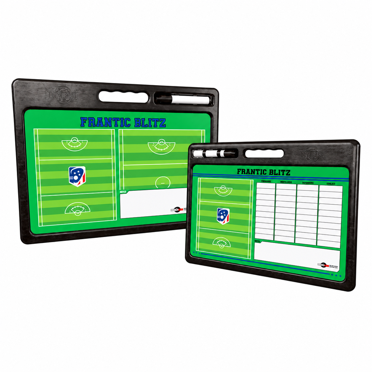 Front and back of a custom Pro lacrosse coaching whiteboard with carry handles on a white background.