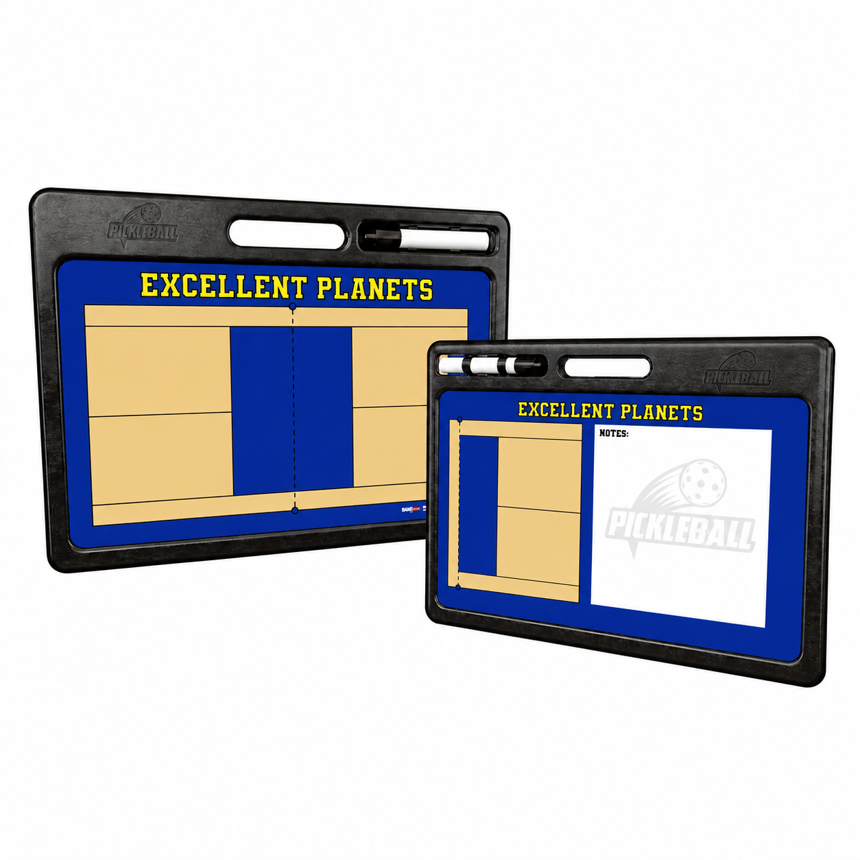 Front and back of a custom Pro pickleball coaching whiteboard with carry handles on a white background.