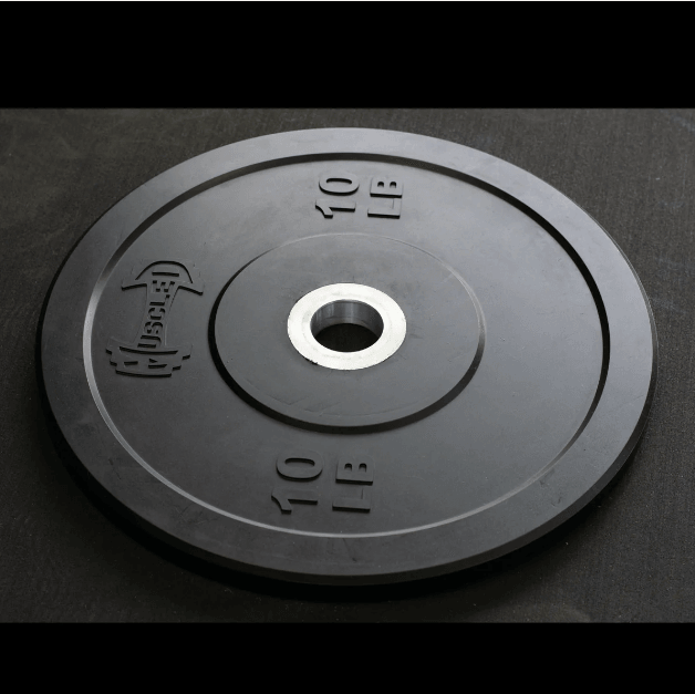 Black 10 lb bumper plate with a silver center ring and "MUSCLE" logo.