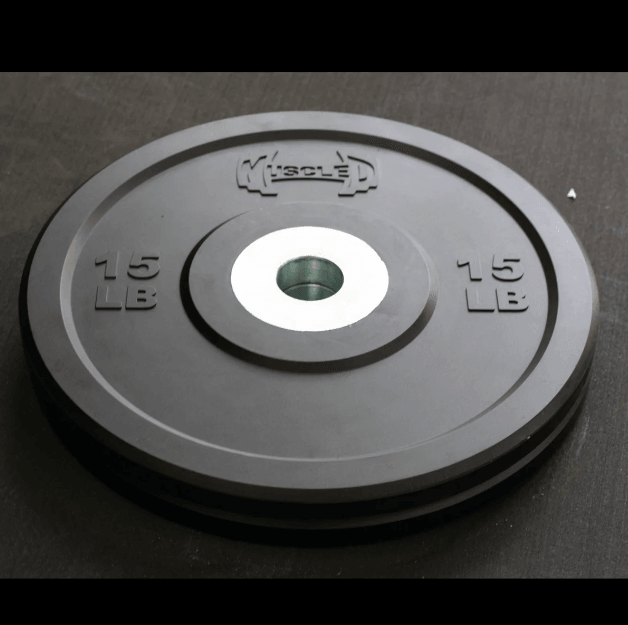 Black 15 lb Muscle D Fitness bumper plate with a silver center ring.