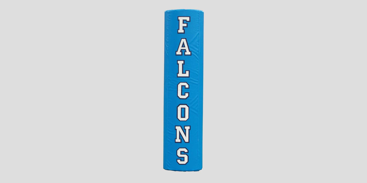 Blue goal post pad with two color sewn FALCONS lettering