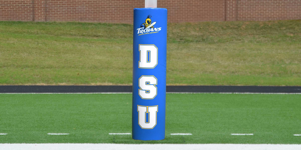 Royal blue goal post pad with printed DSU logo and lettering