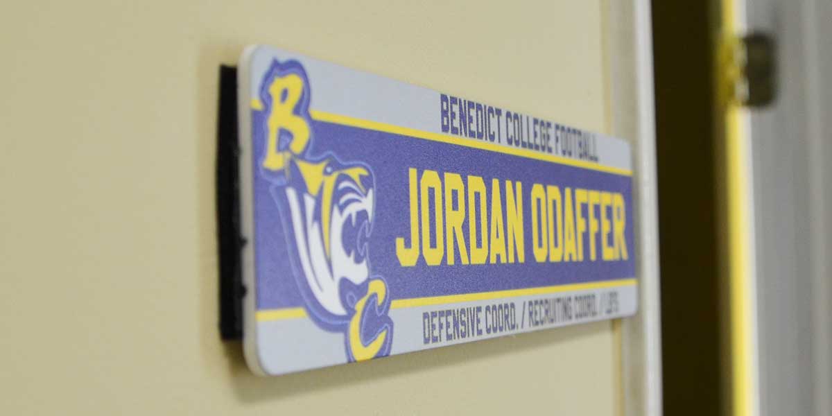 Benedict College Football name plate for Jordan Odaffer, Defensive Coordinator.