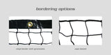 Two close-up views of black netting: one with a vinyl border and grommet, the other with a rope bound edge.