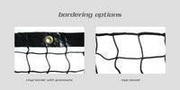 Thumbnail for Two close-up views of black netting: one with a vinyl border and grommet, the other with a rope bound edge.