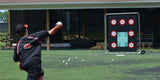 Baseball player pitching towards a black target with red and white bullseyes on a green turf field.