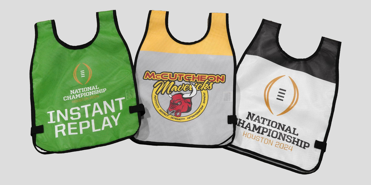Custom printed football chain gang vests — team and event examples (Instant Replay, McCutcheon Mavericks, National Championship)