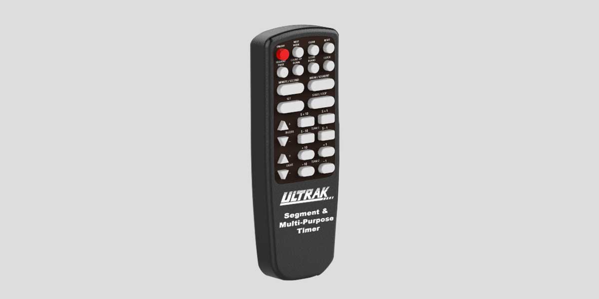 Black remote control with white and red buttons, "ULTRAK Segment & Multi-Purpose Timer" printed on the bottom.